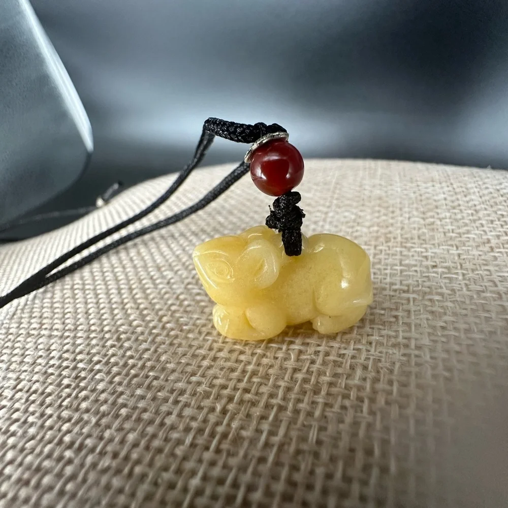 Yellow Jade Rat Carving Pendant Necklace on Black Adjustable Rope - Picture 14 of 16